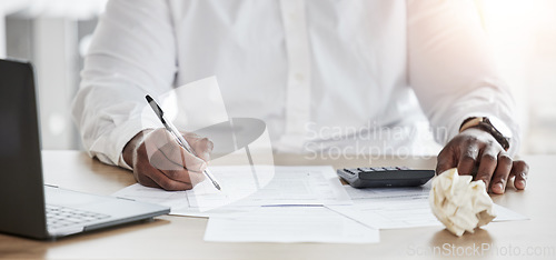 Image of Business person, hands and calculator, planning and writing for finance, taxes management documents or debt review. Accountant paperwork, numbers analysis and budget, investment or bills on computer