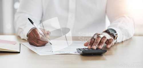 Image of Person hands, calculator and documents for writing financial information, taxes management and business investment. Accountant with paperwork, numbers and budget or math for sales, profit and revenue