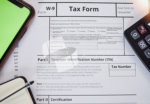 Image of Tax paperwork, closeup and finance with accounting, form for income information, audit and contract. Financial paper, money and taxes with government documents, salary and revenue with calculator