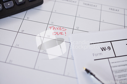 Image of Tax, calendar and reminder on schedule for government compliance, deadline and remember date for paperwork and form. Taxes, financial audit and due payment of money, savings or income profit