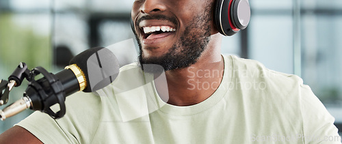 Image of Man, microphone and mouth with headphones and radio DJ, news with communication and closeup of audio equipment. Podcast, technology and multimedia or happy male presenter, hosting show and broadcast