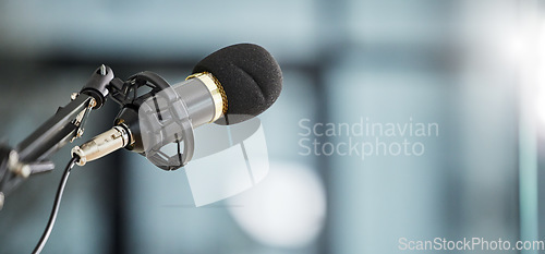 Image of Conference, bokeh and a microphone in an office for a speech, work event or presentation. Mockup, business and a mic or banner for a meeting, workshop speaker or a corporate seminar at the workplace