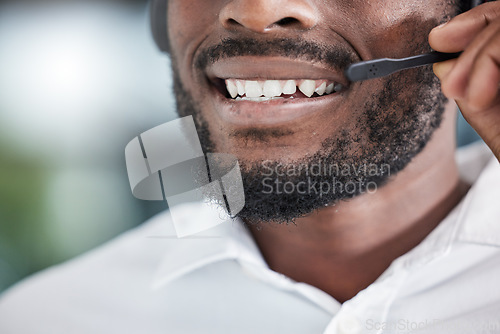 Image of Mouth, man consulting for telemarketing in call center, customer service and advisory help of CRM questions. Closeup face of salesman, microphone and communication for telecom support, FAQ or contact