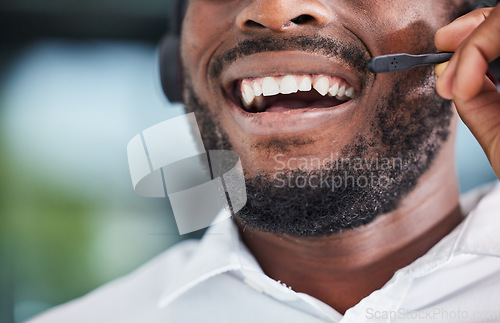 Image of Mouth, man and smile for communication in call center, customer service and advisory contact for CRM questions. Closeup face of happy sales agent, microphone and laughing for telecom support