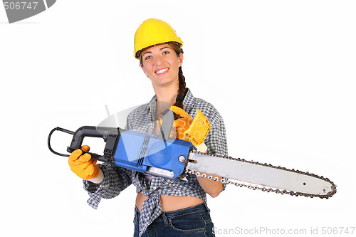 Image of Beauty woman with chainsaw