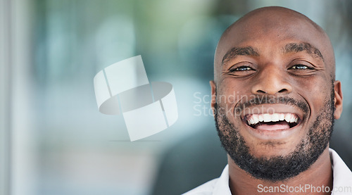 Image of Mockup, space and happy black man administrator with a smile for startup company success in an office. Worker, African and face or portrait of businessman or employee with positive or mission mindset