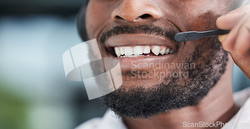 Image of Mouth, man and communication for telemarketing in call center, customer service and advisory contact for CRM questions. Closeup face of happy sales agent, microphone and consultant of telecom support