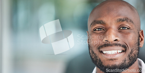 Image of Mockup, space and smile of black man administrator happy for startup company success in an office. Worker, African and face or portrait of businessman or employee with positive or mission mindset