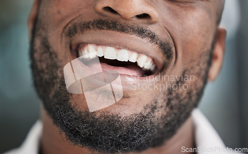 Image of Teeth, mouth and happy black man or businessman with a dental smile in startup company after treatment in an office. Clean, African and face of businessman or employee with dentist oral health