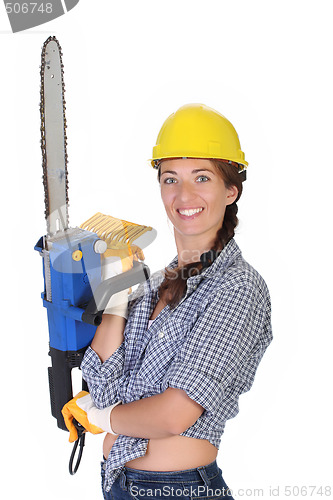 Image of Beauty woman with chainsaw