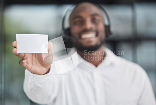 Image of Mockup, business card or salesman advertising space, branding news or information about us. Closeup of call center agent show paper note of promotion, contact to sign up or telemarketing announcement