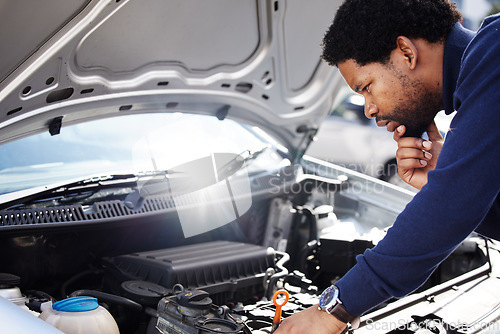 Image of Black man, car breakdown and confused with engine problem in road with doubt, auto repair service insurance and travel. Motor crisis, transport and frustrated driver on street checking under hood.