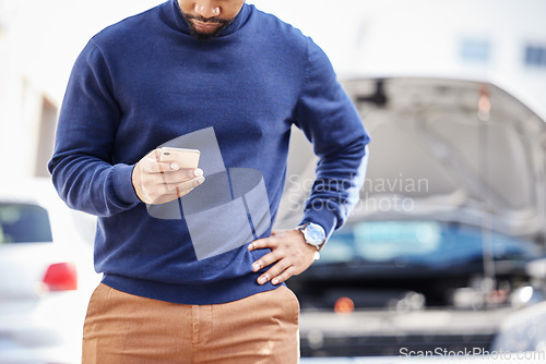 Image of Black man, car breakdown and typing on phone at roadside with stress, auto insurance and travel. Motor problem, transport and frustrated driver on road checking website for repair service in crisis.