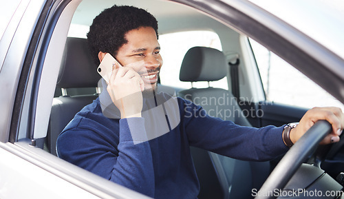 Image of African driver man, phone call and smile with thinking, contact and ideas on travel, transportation or street. Person, chauffeur and smartphone with car for journey, driving and road trip adventure