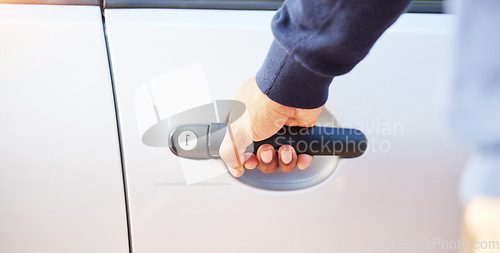 Image of Hand, handle and outdoor for car door, open and ready for drive, travel or transportation on street. Person, chauffeur or transport employee with vehicle for journey, driving or road trip adventure