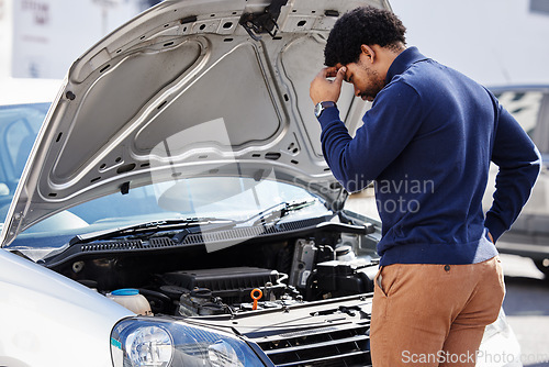 Image of Black man, car breakdown and confused at roadside with stress, in need of auto repair service insurance and travel. Motor problem, transport and frustrated driver on road checking engine in crisis.