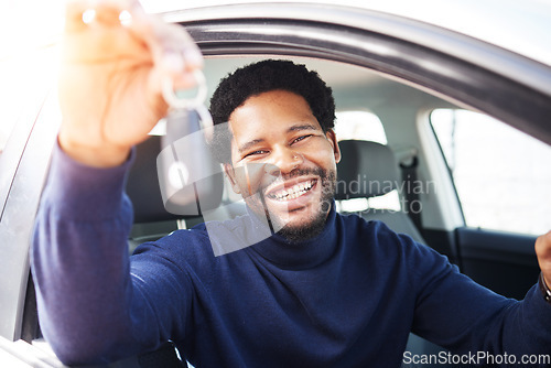 Image of Man, new car and window with keys, portrait and excited smile for drive, travel and transportation on street. Happy African guy, freedom and transport in vehicle on journey, road trip and adventure