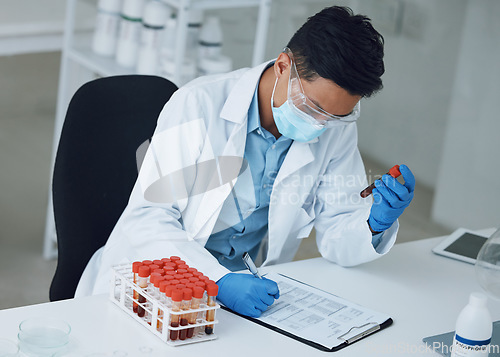 Image of Report, blood sample or scientist writing research for medical analysis or medicine development. Face mask, checklist or researcher studying science paper or test results of DNA or virus in vial tube