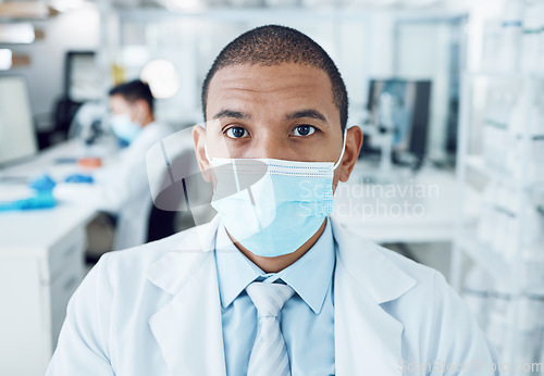 Image of Portrait, mask and man in a laboratory, research and career with covid protection, medical and safety. Face cover, person and researcher with compliance, lab and scientist with serious professional