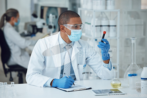 Image of Science, laboratory and man with blood work for doctor research and study in clinic. Lab, analysis and healthcare professional with innovation and dna investigation for hospital test of scientist