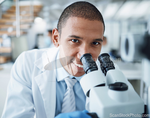 Image of Microscope, happy man and portrait of laboratory scientist working on healthcare research, forensic investigation or project. Science, face smile or person work on hospital analysis, studying or exam