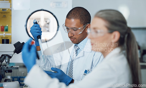 Image of Science, laboratory and man with medical test for doctor research and study in clinic. Lab expert, petri dish and professional with innovation and investigation for chemistry work of dna scientist