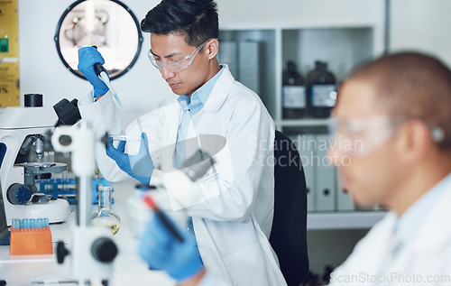 Image of Science laboratory, pipette and scientist people working on healthcare research, medical investigation or pharmaceutical. Lab sample, DNA analysis and team work on hospital experiment, test or exam