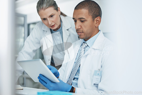 Image of Scientist woman, tablet or teamwork in science laboratory for medical research, medicine or collaboration development. Mature mentor, man and technology for DNA healthcare help in genetic engineering