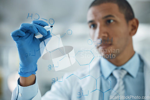 Image of Scientist man, thinking and writing on glass, formula and study for chemical compound, engineer or idea. Science, research and brainstorming at board, mathematics and molecules for development in lab