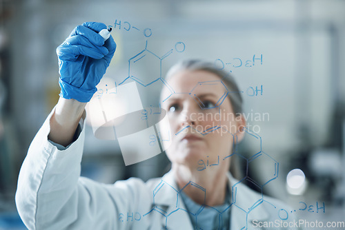 Image of Research, solution and writing with woman in laboratory for medical, analysis and planning. Pharmacy, healthcare and medicine with scientist and brainstorming for chemistry, science and vaccine