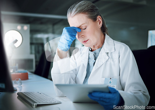 Image of Tablet, headache and lab scientist, woman and frustrated with 404 error, software fail or science mistake. Laboratory, biotechnology fail results and person stress over problem, anxiety or migraine