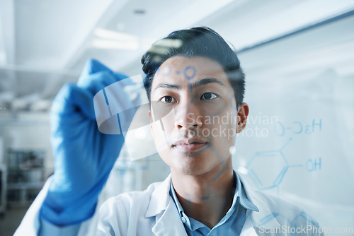 Image of Idea, science and writing with man in laboratory for medical, research and planning. Pharmacy, healthcare and medicine with Asian scientist and brainstorming for chemistry, solution and vaccine