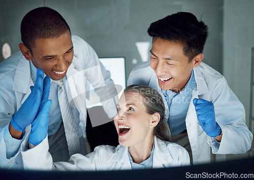 Image of Science, high five and happy scientist, people or diversity group celebrate lab success, results or achievement. Partnership, cheers and laboratory staff collaboration, teamwork and congratulations