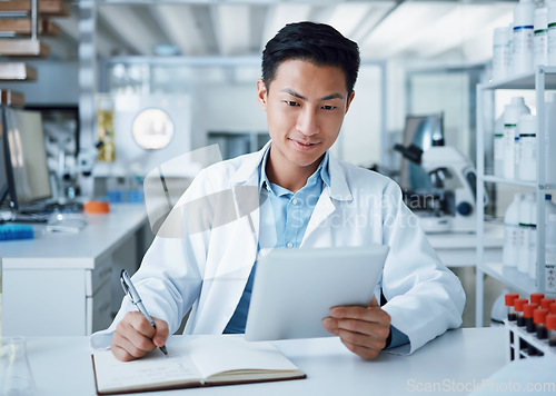 Image of Person, tablet and notebook writing in laboratory for medical virus research, science and medicine development. Asian scientist, technology and book paper for blood sample healthcare or wellness