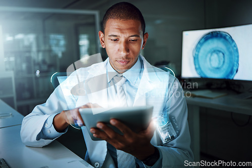 Image of Tablet, hologram and scientist work with digital innovation, data and 3d overlay in laboratory. African man, doctor and information technology for futuristic medical research with pharma healthcare