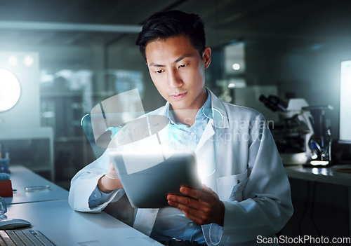 Image of Tablet, hologram and scientist with digital innovation, global data and 3d overlay in laboratory. Asian man, doctor and information technology for futuristic medical research with healthcare study