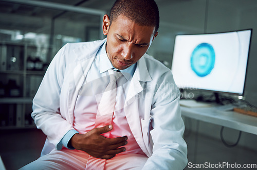 Image of Scientist man, lab and stomach ache with pain, stress or worry in night for health, inflammation and red overlay. Science worker, digestion problem and hand on abdomen for emergency in laboratory