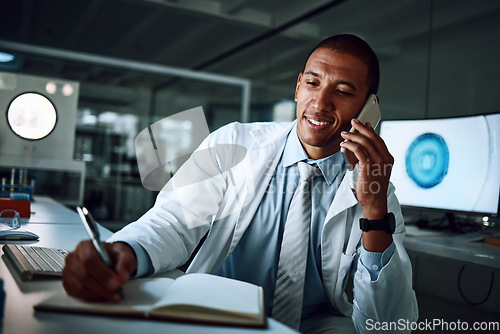 Image of Doctor, phone call and notes in a laboratory of a man with conversation and science research. Healthcare, professional and innovation communication with paperwork and documents of scientist worker