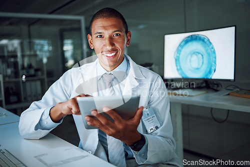 Image of Tablet, report and scientist portrait with digital innovation, data and online in laboratory. African man, doctor and information technology for futuristic medical research with pharma healthcare