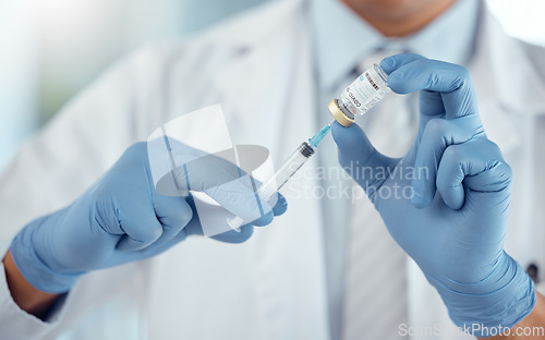 Image of Healthcare, vaccine and closeup of a doctor with a needle with covid, sick or allergy treatment. Professional, injection vial and hands of male medical worker with a vaccination syringe in a hospital