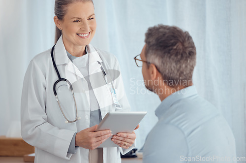 Image of Doctor, patient and tablet test results in hospital speaking, listening or talking about medical problem. Question, happy or nurse in healthcare clinic helping or nursing a sick patient for support