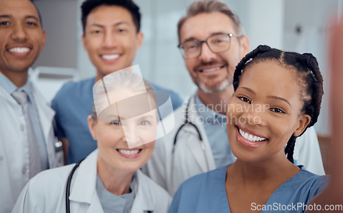 Image of Doctors, diversity and selfie with healthcare, smile and memory with teamwork, social media and collaboration. Portrait, staff or profile picture with happiness, medical professionals and happy group