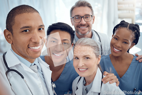 Image of Doctors, diversity and selfie with healthcare, happy and memory with teamwork, social media and career. Portrait, staff or profile picture with happiness, medical professionals or fun in a hospital