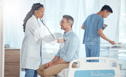 Image of Doctor, stethoscope or man with test, exam or patient healthcare assessment, medical checkup or cardiologist support. Surgeon, cardiology and clinic help, wellness and check heart, lungs or breathing