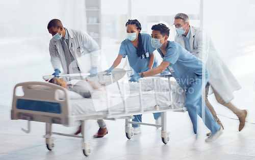 Image of Doctors, team and hurry with bed in hospital for medical emergency, surgery operation and first aid help. Healthcare group running fast in rush, motion blur and urgent patient assessment in clinic