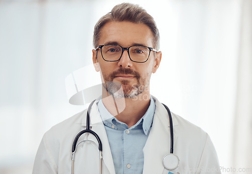 Image of Doctor, senior man and portrait with health and physician at hospital, stethoscope and cardiology surgeon. Professional headshot of male person, expert in medical and cardiovascular healthcare