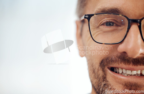 Image of Portrait, mockup and a man in glasses for vision, smile and optometrist with prescription frame lenses. Eye, space and a male optometry customer at the optician, healthcare appointment and eyewear