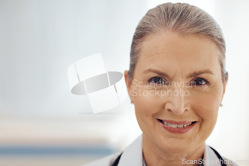 Image of Happy, space and doctor with portrait of woman in hospital for medicine, surgery and future. Healthcare, expert and therapist with face of mature person in clinic for smile, medical and mockup