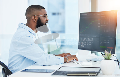 Image of Trading, computer and business with black man in office for stock market, finance and growth. Investment, cryptocurrency and data with male employee for digital, technology and profit analysis