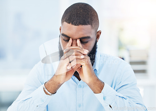 Image of Stress, fail or tired businessman with headache overwhelmed by problems, mistake or stock market crash. Burnout, loss or frustrated black man trader overworked in office with fatigue or debt crisis
